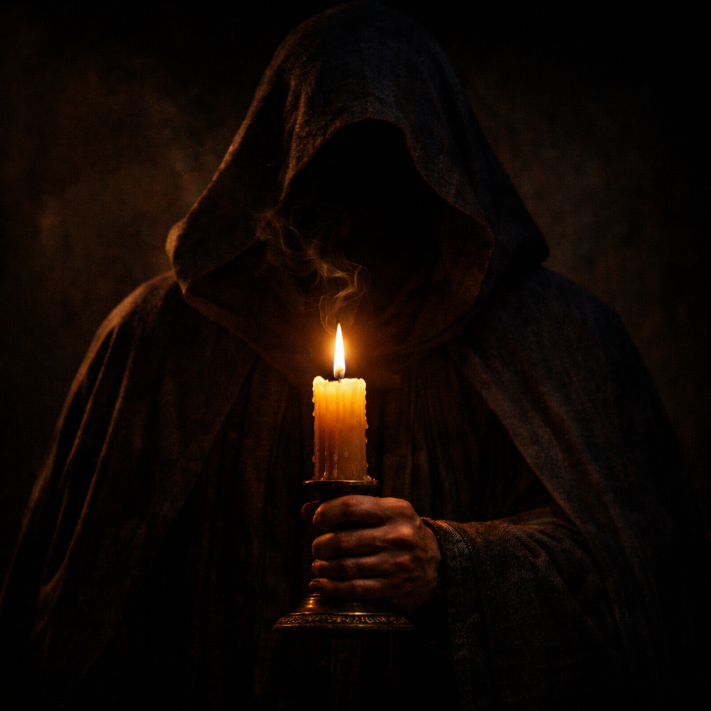 Hooded figure with flickering candlelight